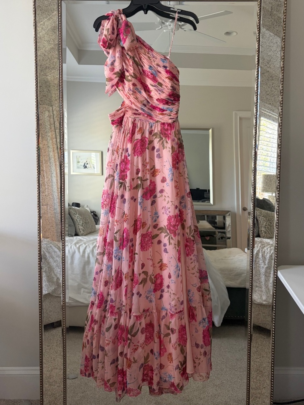 IEENA FOR MAC DUGGAL Pink One Shoulder Floral Printed Chiffon Side Cut Out Gown